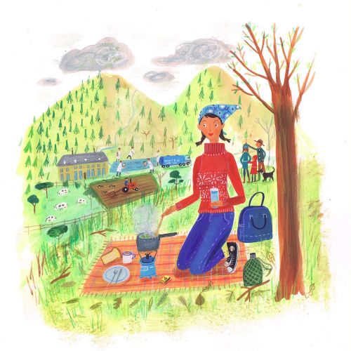 Watercolor art of girl cooking on picnic