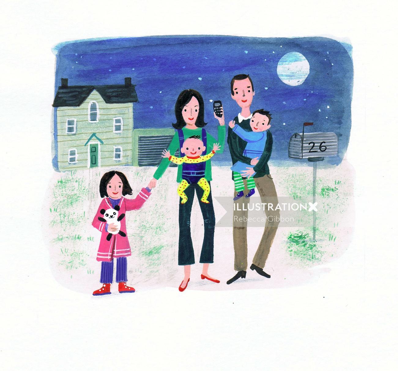 Parents are walking with children illustration