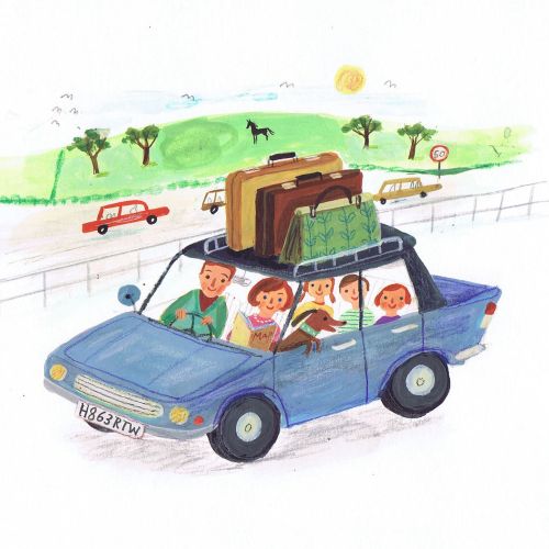 hand painting of Happy family going on trip  in car