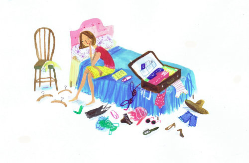 Ilustración de niña empacando su maleta