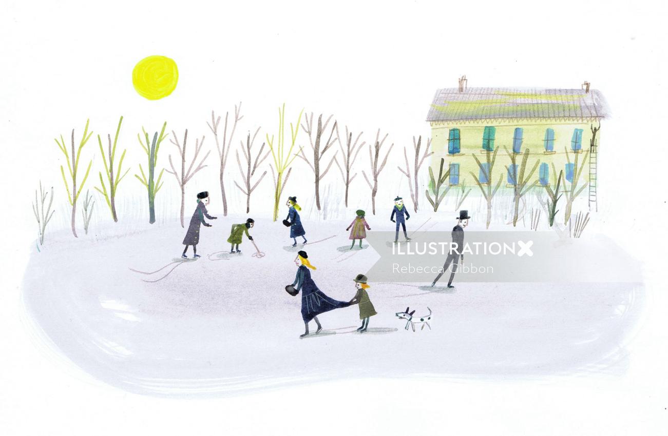 Illustration of people in the snow