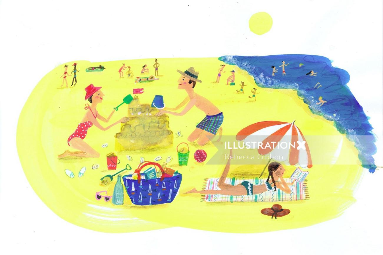 Illustration of people playing at beach side
