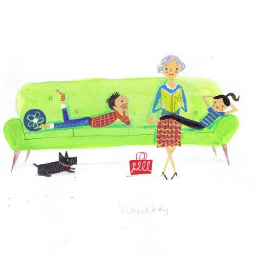 illustration of mom narrating story to children in sofa 