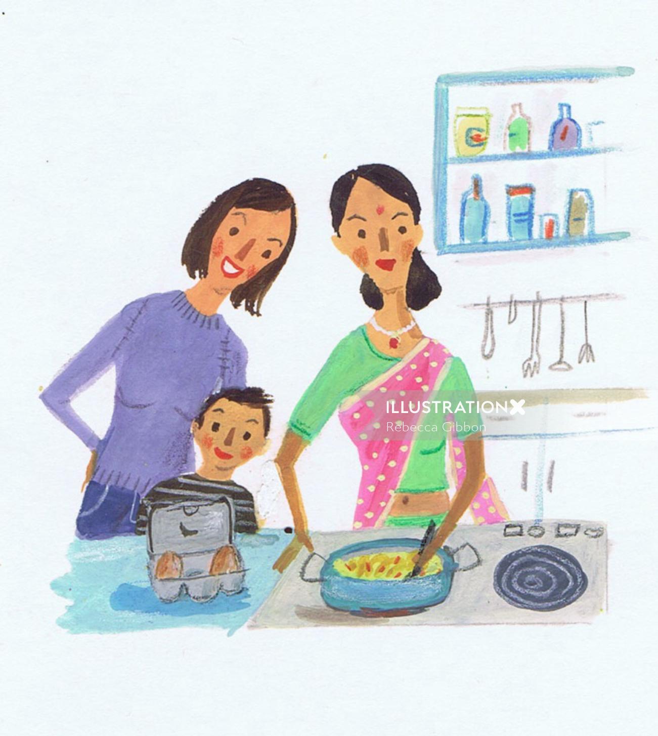 Hand Painting of mother is cooking in kitchen