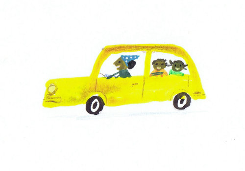 sketch of kids going school in yellow car