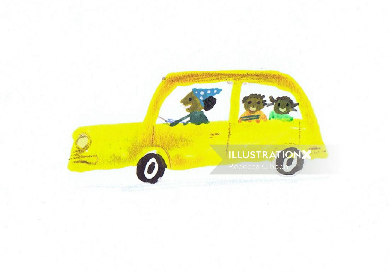 sketch of kids going school in yellow car