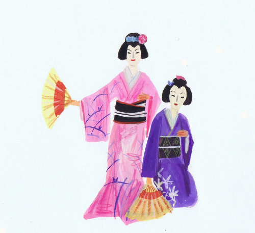 Illustration of girls in Japanese costume
