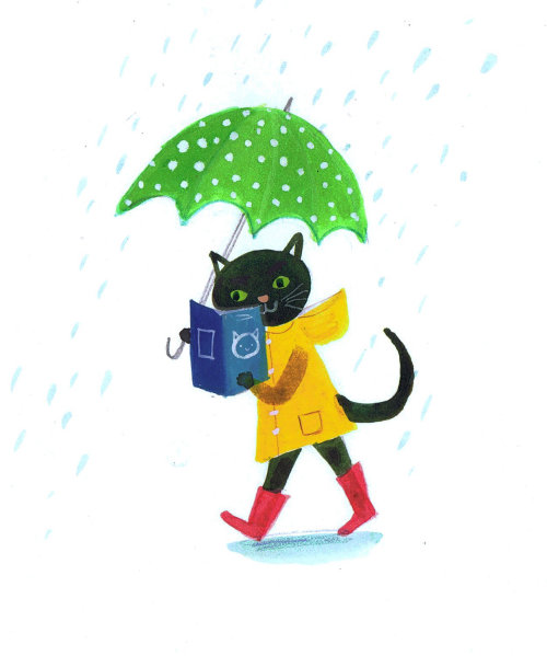 Ilustração de gato preto com guarda-chuva