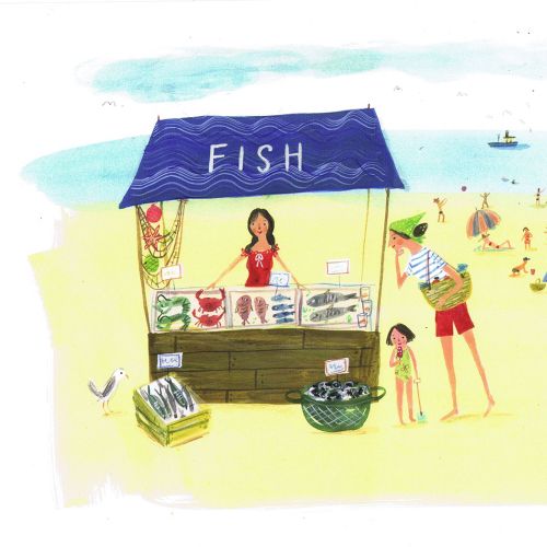 Illustration of fish stall at beach