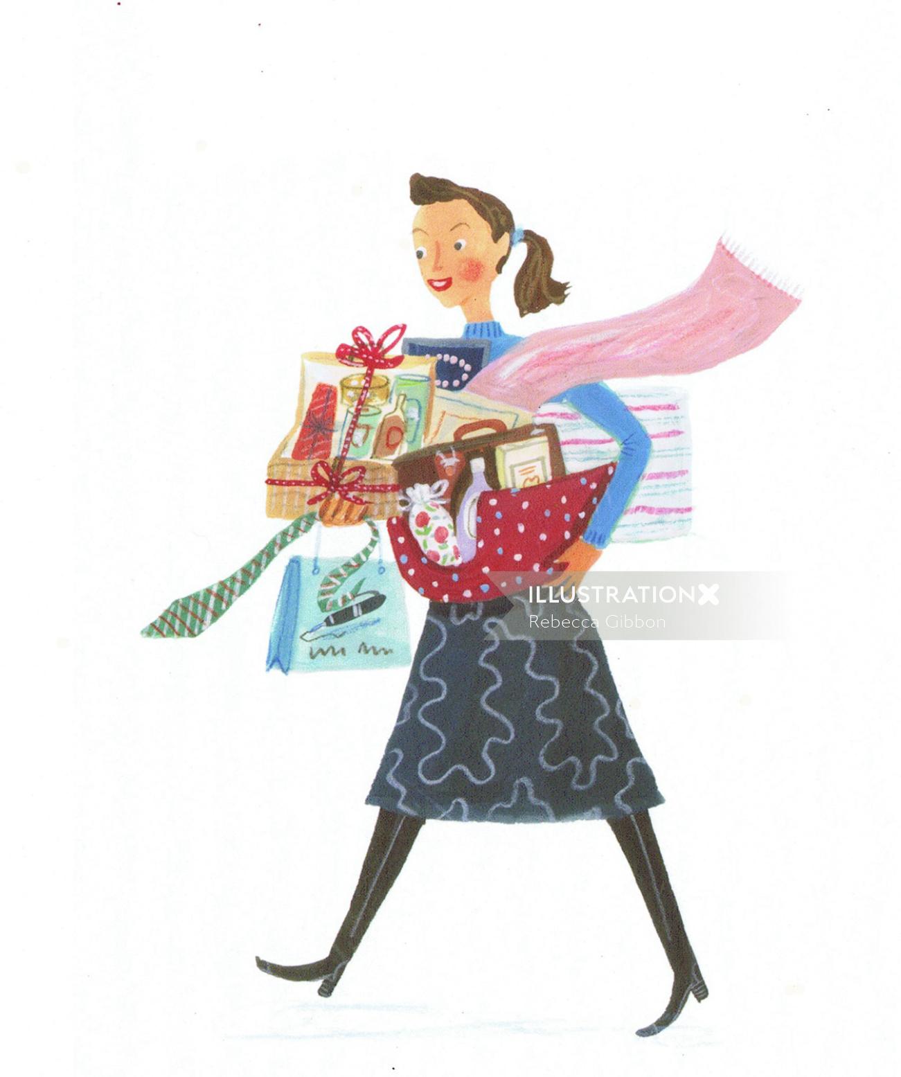 Illustration of girl with the housekeeping goods