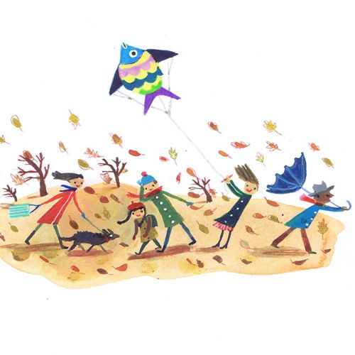Color painting of kid flying a fish Kite