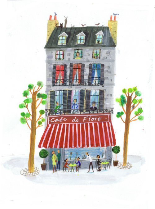 drawing of paris famous restaurant cafe de flore 
