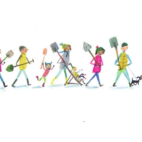 Painting of People are walking with children 