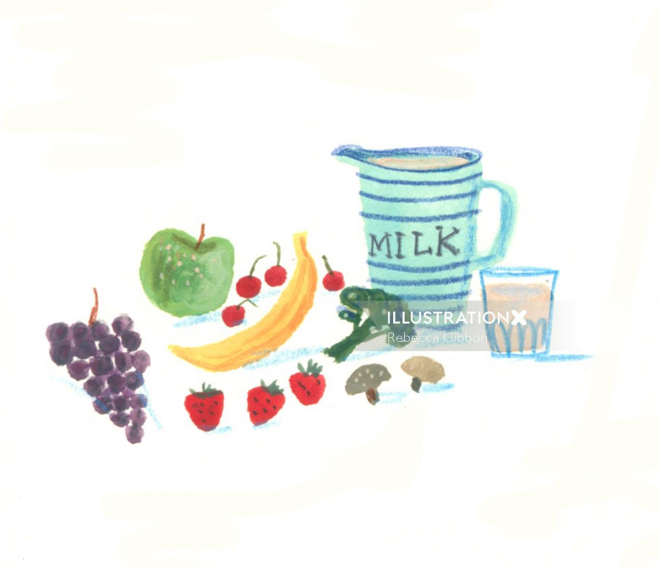 drawing of milk and fruits