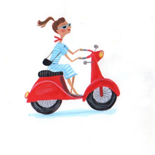 lady riding a red scooter