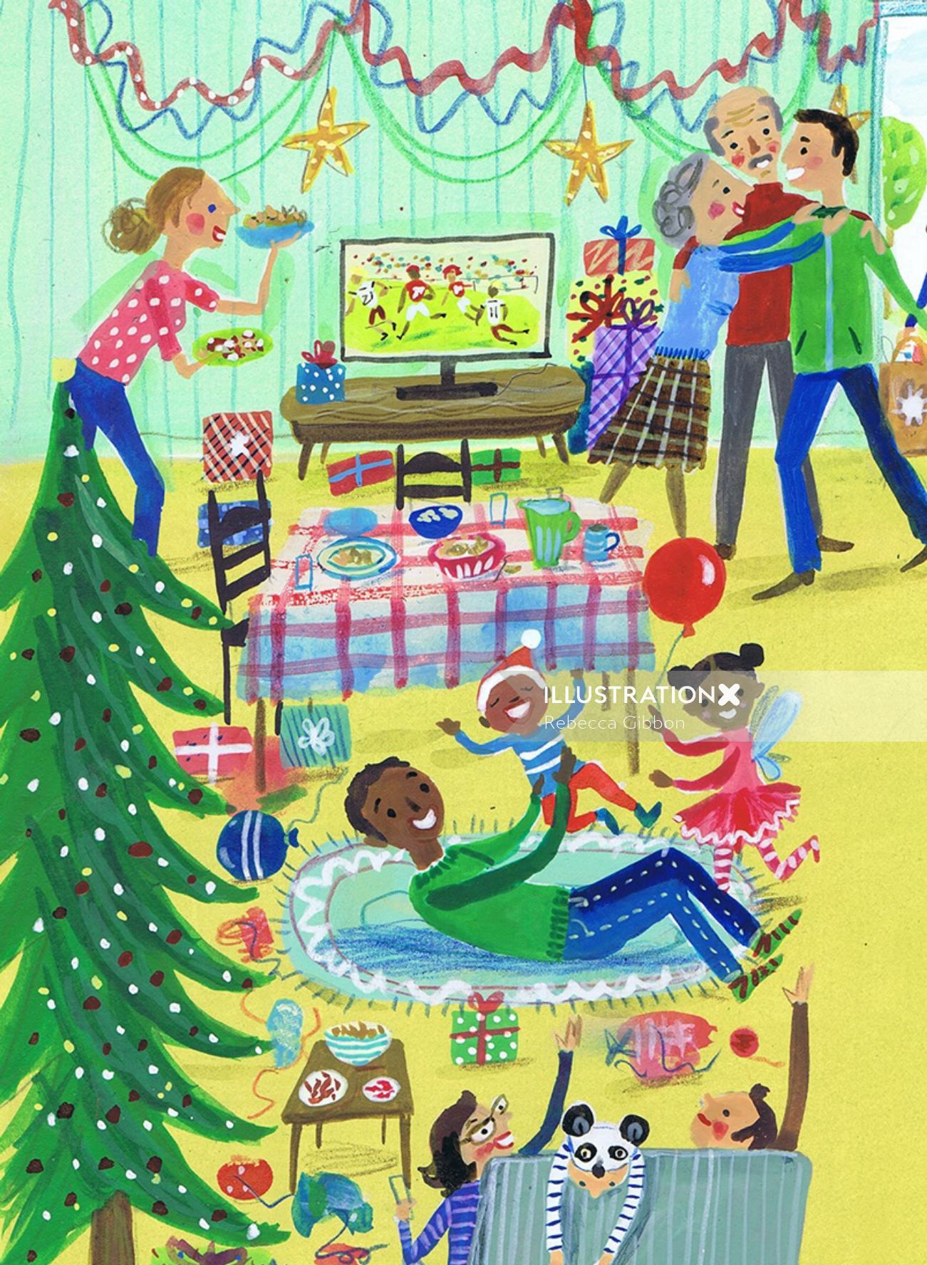 Children illustration family enjoying christmas
