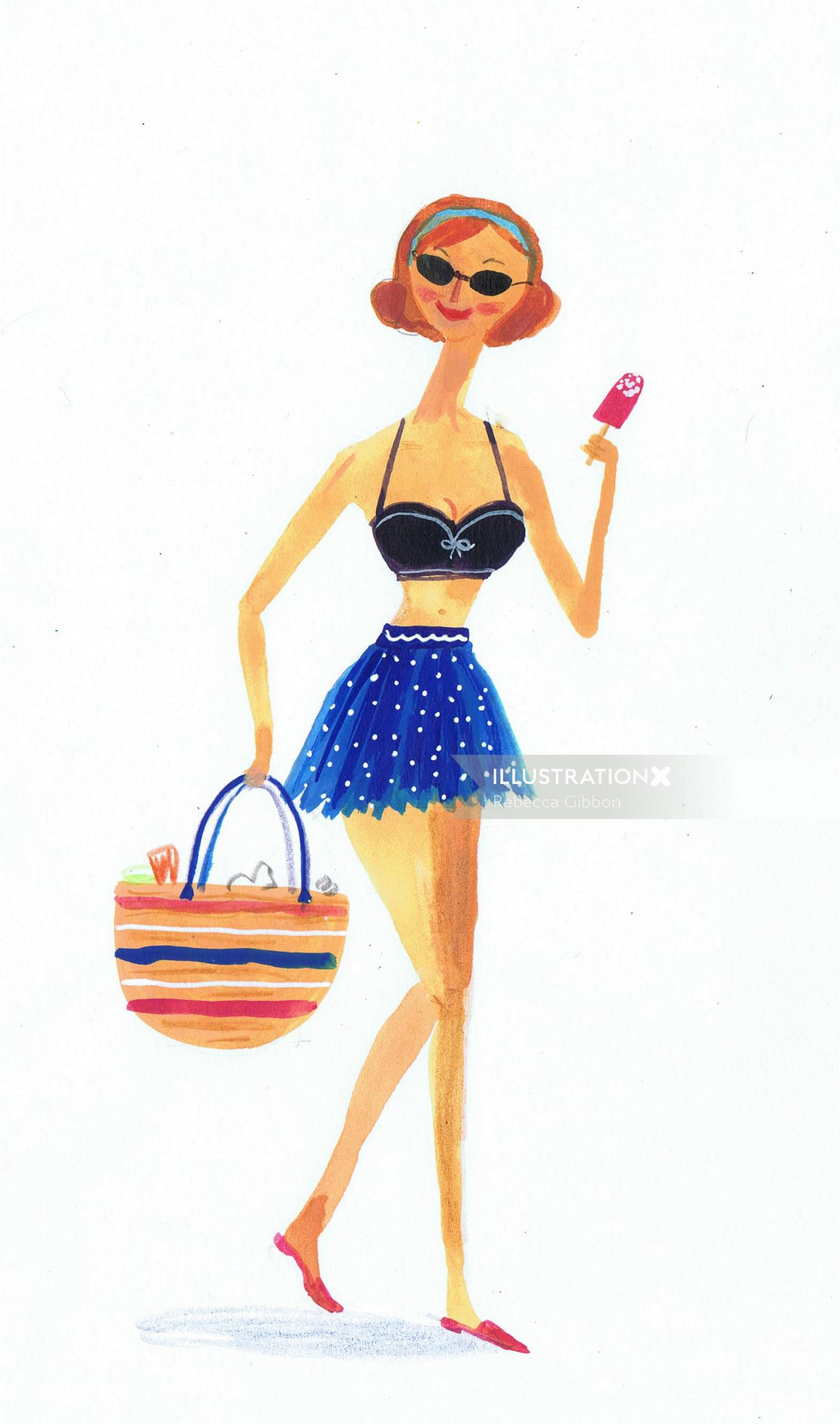 Travel woman with icecream and bag