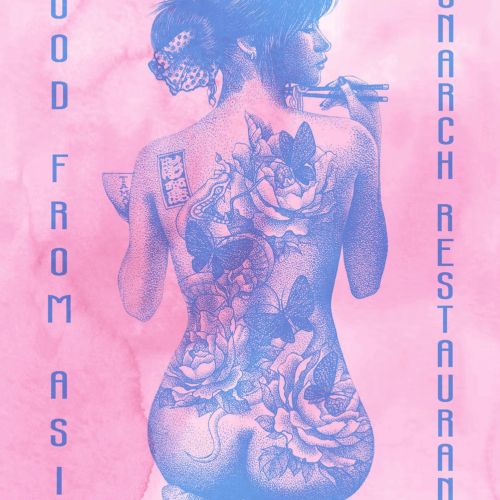Woman with floral tattoos, artwork for Monarch Restaurant by Reiko Lauper