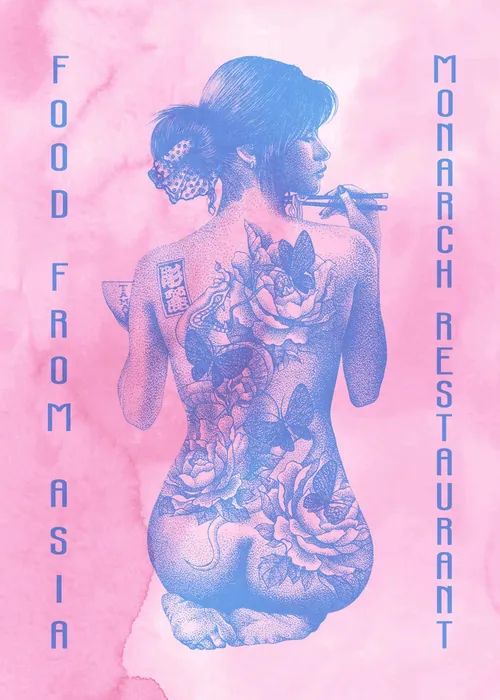 Woman with floral tattoos, artwork for Monarch Restaurant by Reiko Lauper