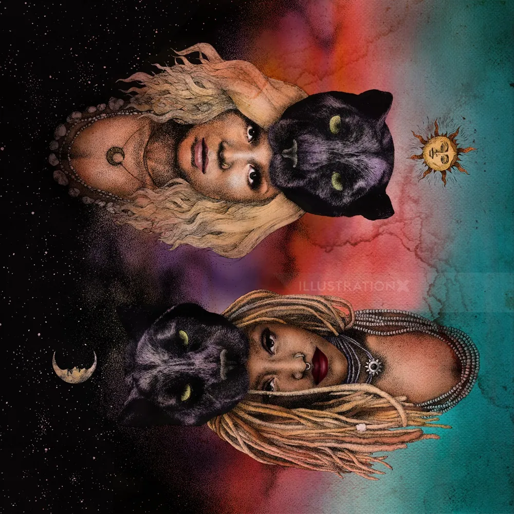 Two women with black panther masks against vibrant colorful background by Reiko Lauper