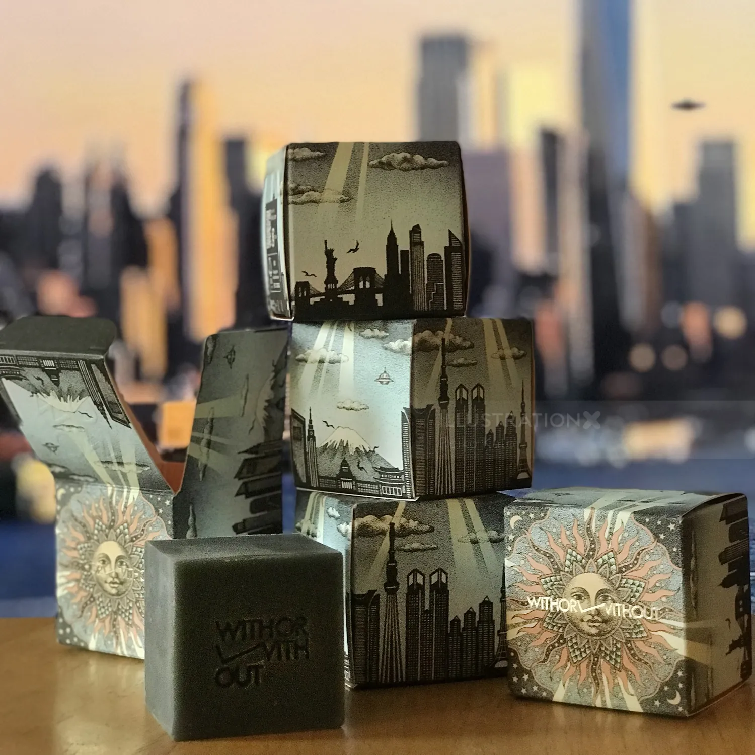 Soap packages with cityscape and artistic designs by Reiko Lauper