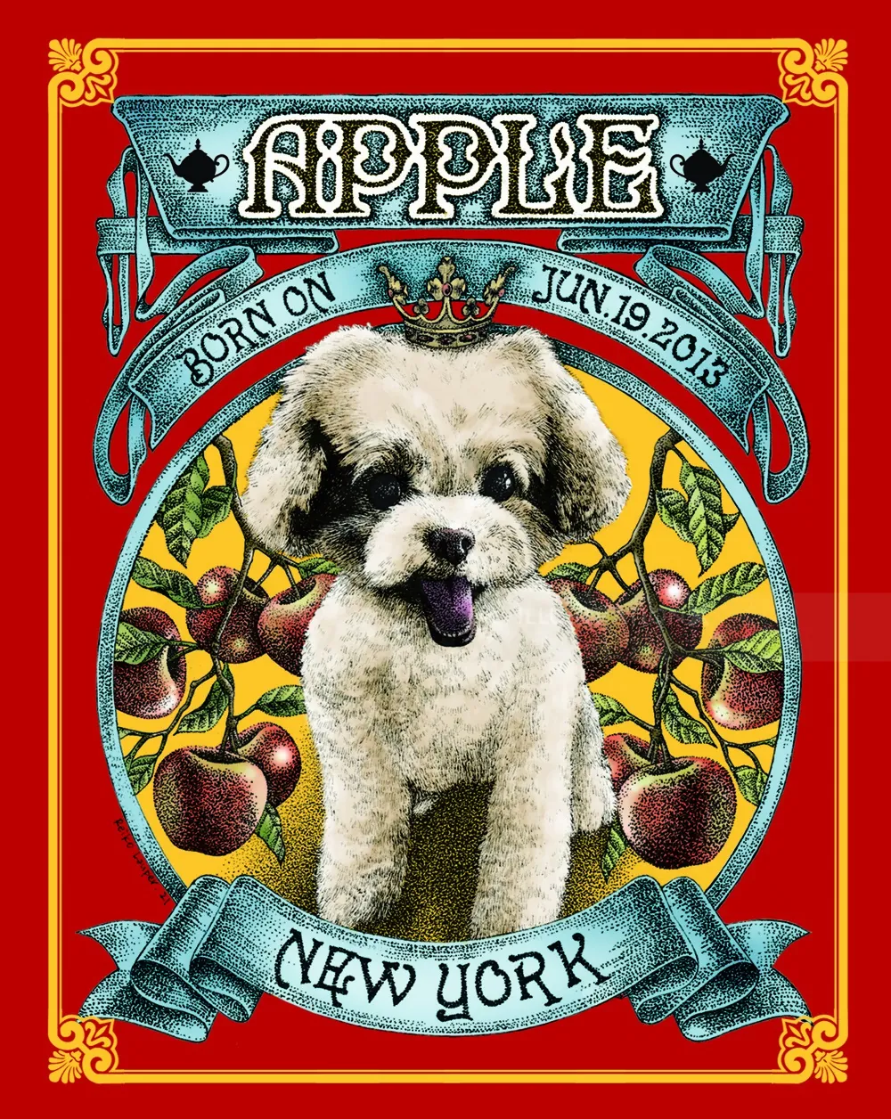 Pet portrait of small white dog Apple with fruit frame by Reiko Lauper