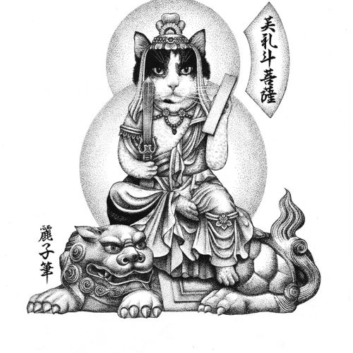 Black and white drawing of a cat as a Buddha sitting on a lion statue by Reiko Lauper