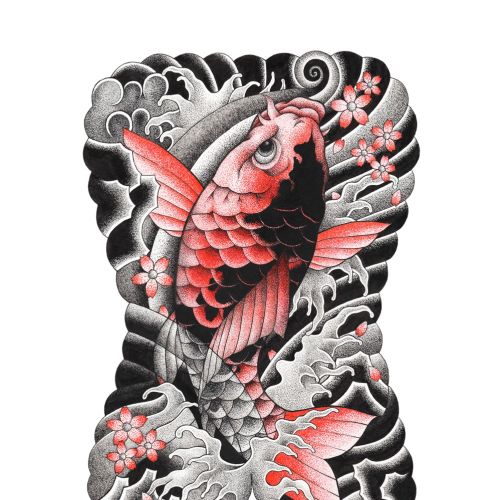 Yakuza-style back tattoo of koi fish with waves and cherry blossoms by Reiko Lauper