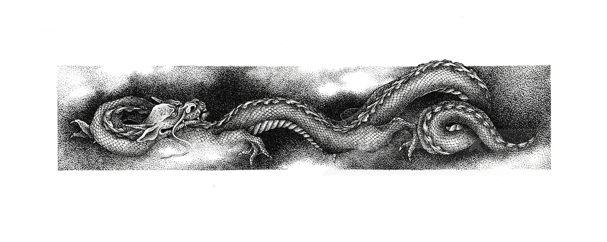 Black and white dragon drawing with detailed scales by Reiko Lauper