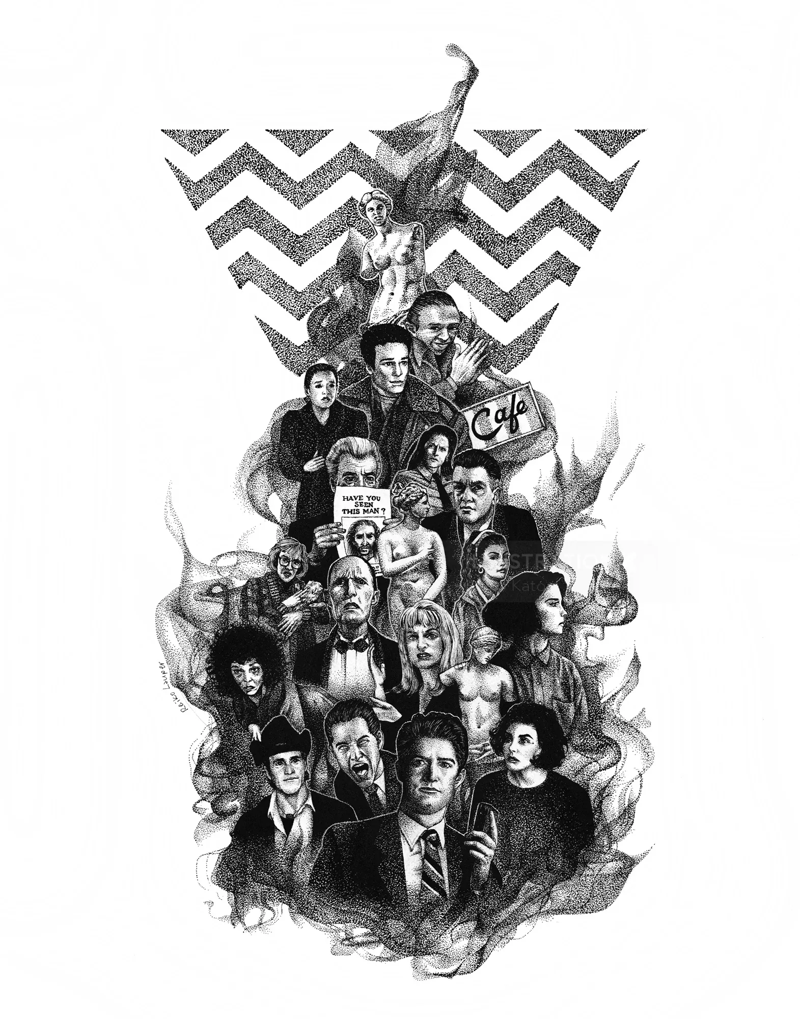Black and white collage of multiple portraits under a chevron pattern by Reiko Lauper