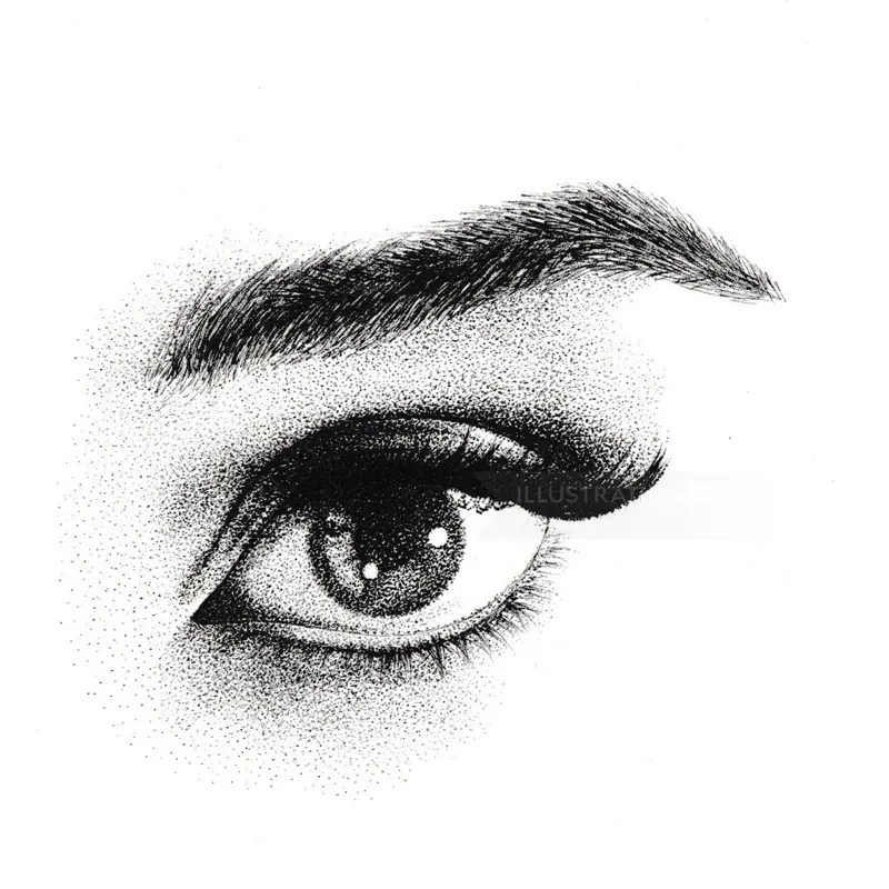 Black and white pointillism drawing of a human eye by Reiko Lauper