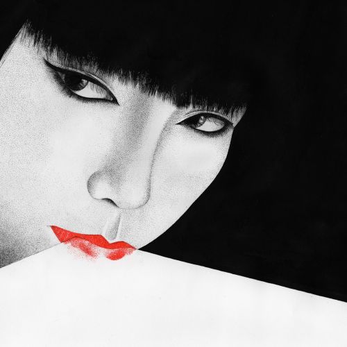 Black and white portrait of a woman with red lips by Reiko Lauper