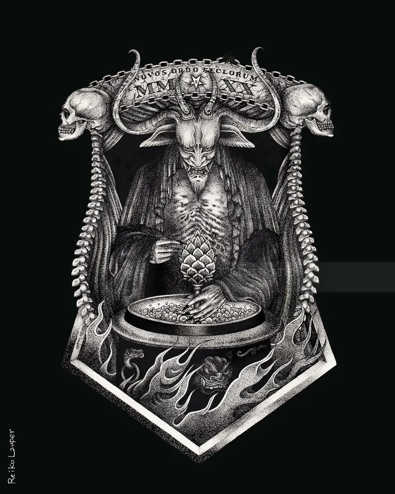 Dark horned figure with skulls and flames by Reiko Lauper
