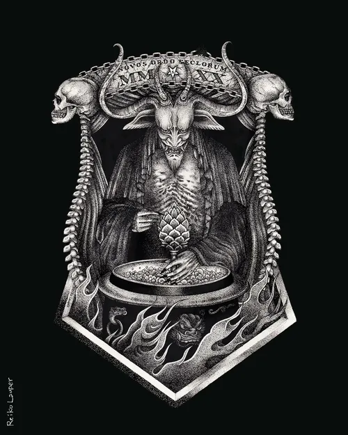 Dark horned figure with skulls and flames by Reiko Lauper