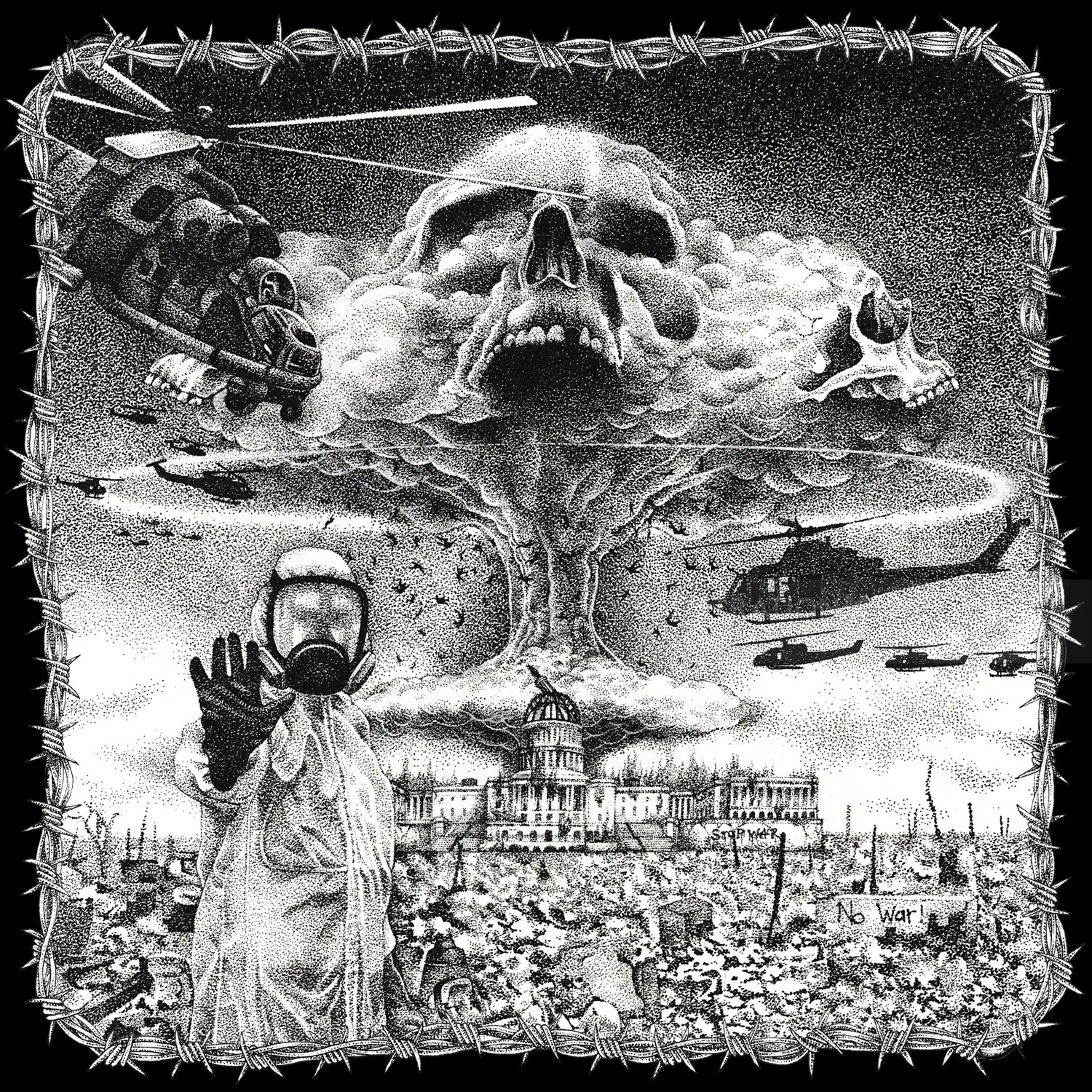 Apocalyptic mushroom cloud skull with helicopters and soldier in protective gear by Reiko Lauper