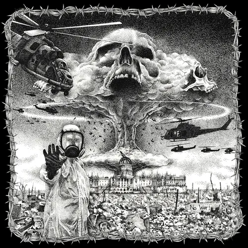 Apocalyptic mushroom cloud skull with helicopters and soldier in protective gear by Reiko Lauper