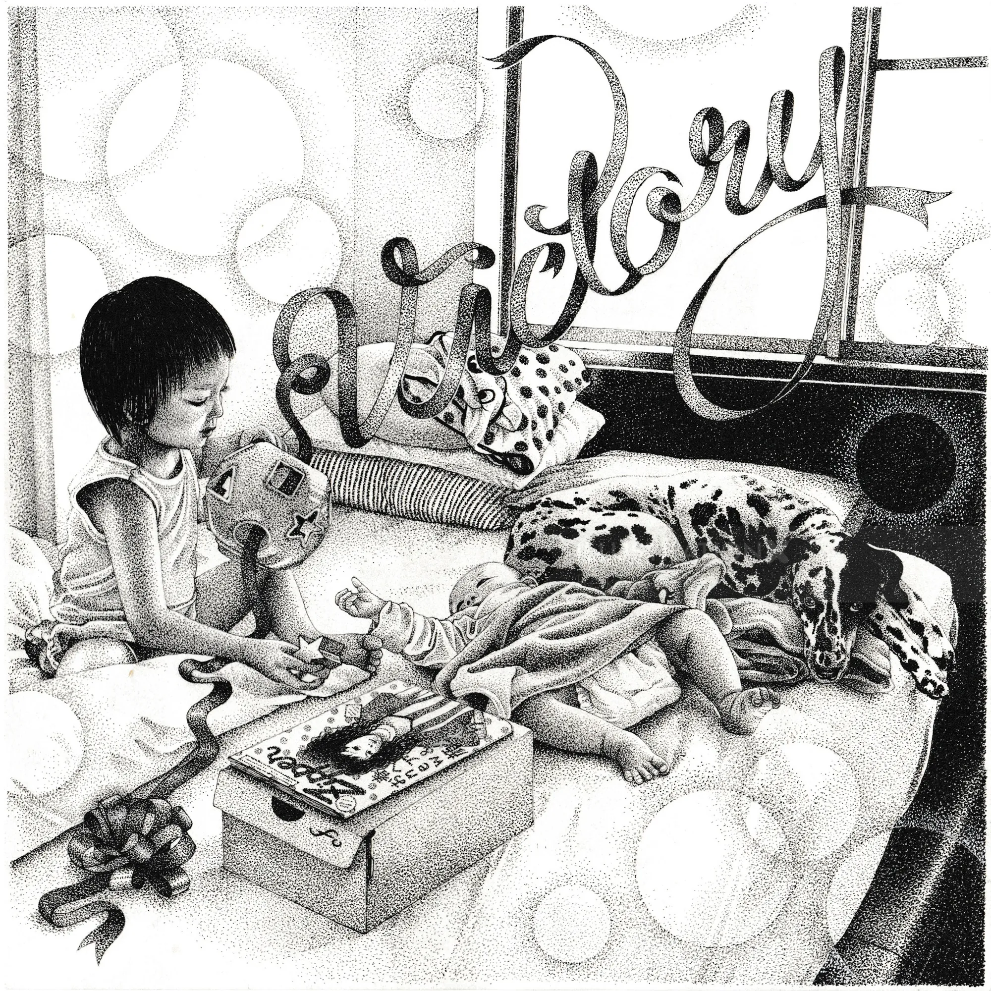 Children playing with toys indoors near window and pillows by Reiko Lauper