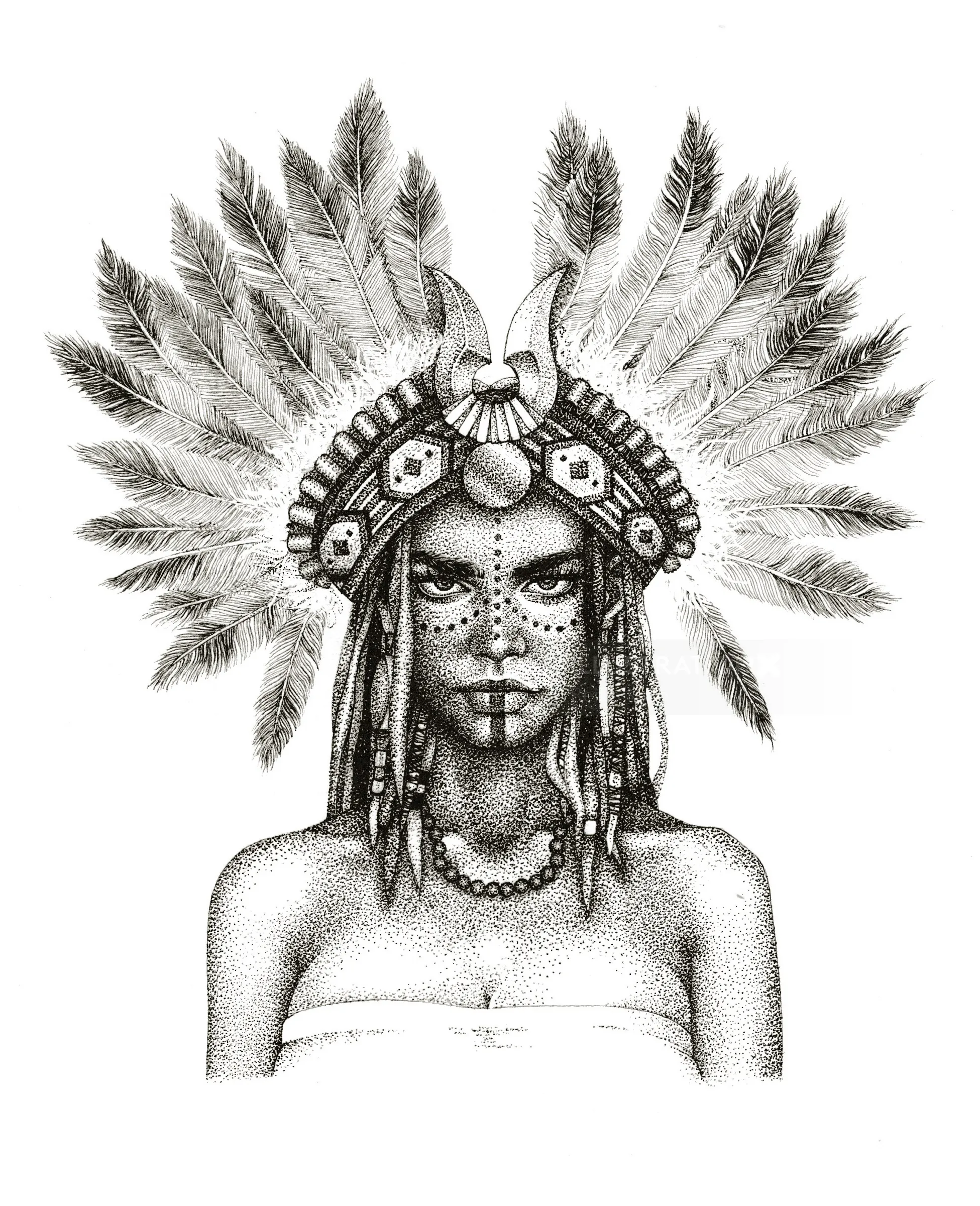 Black and white portrait of a woman with a feathered headdress by Reiko Lauper
