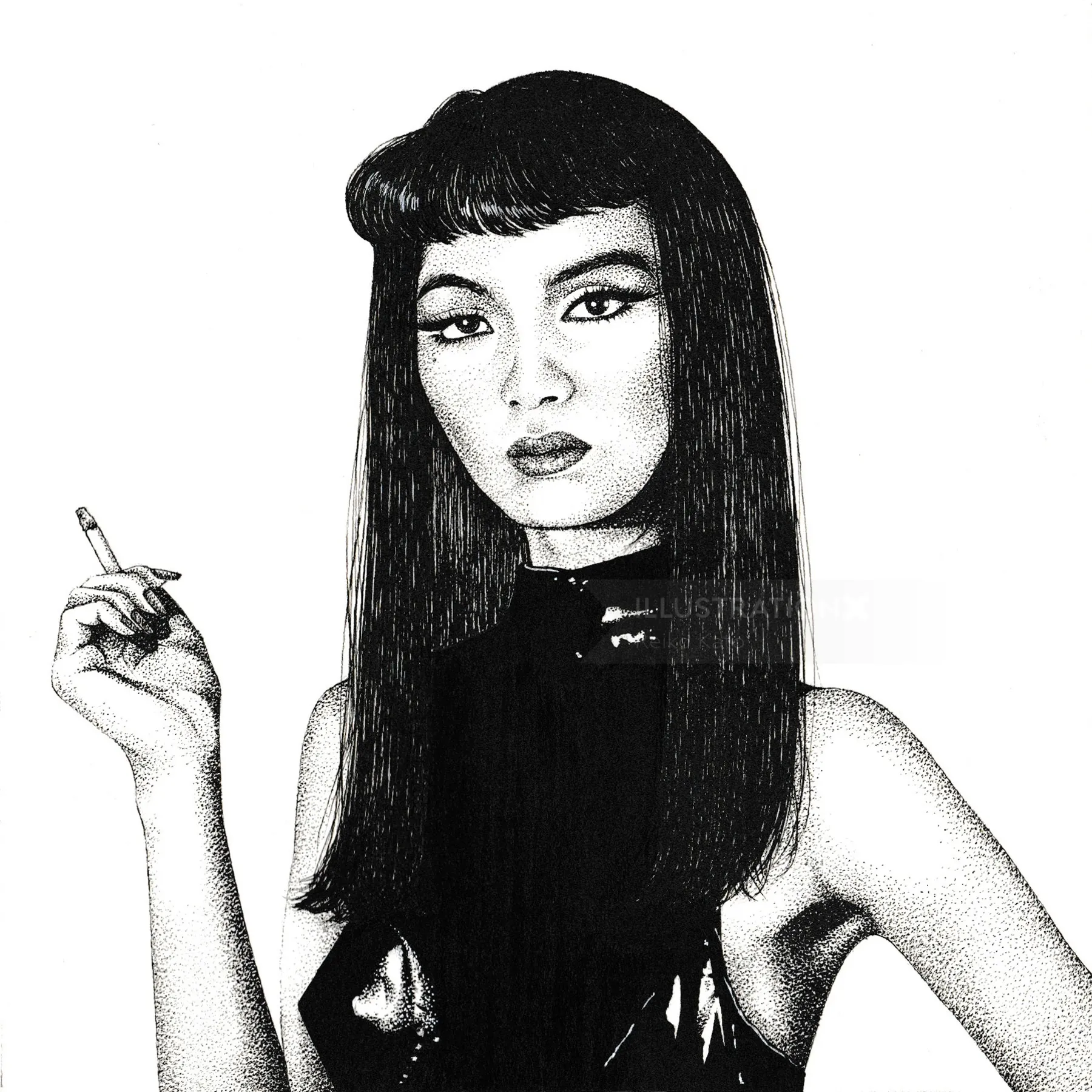 Black and white portrait of a woman smoking, artwork by Reiko Lauper