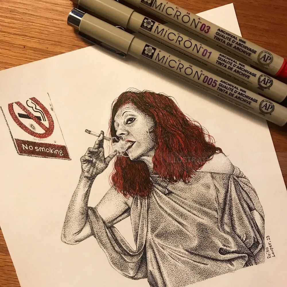 Ink drawing of woman smoking cigarette near no smoking sign by Reiko Lauper