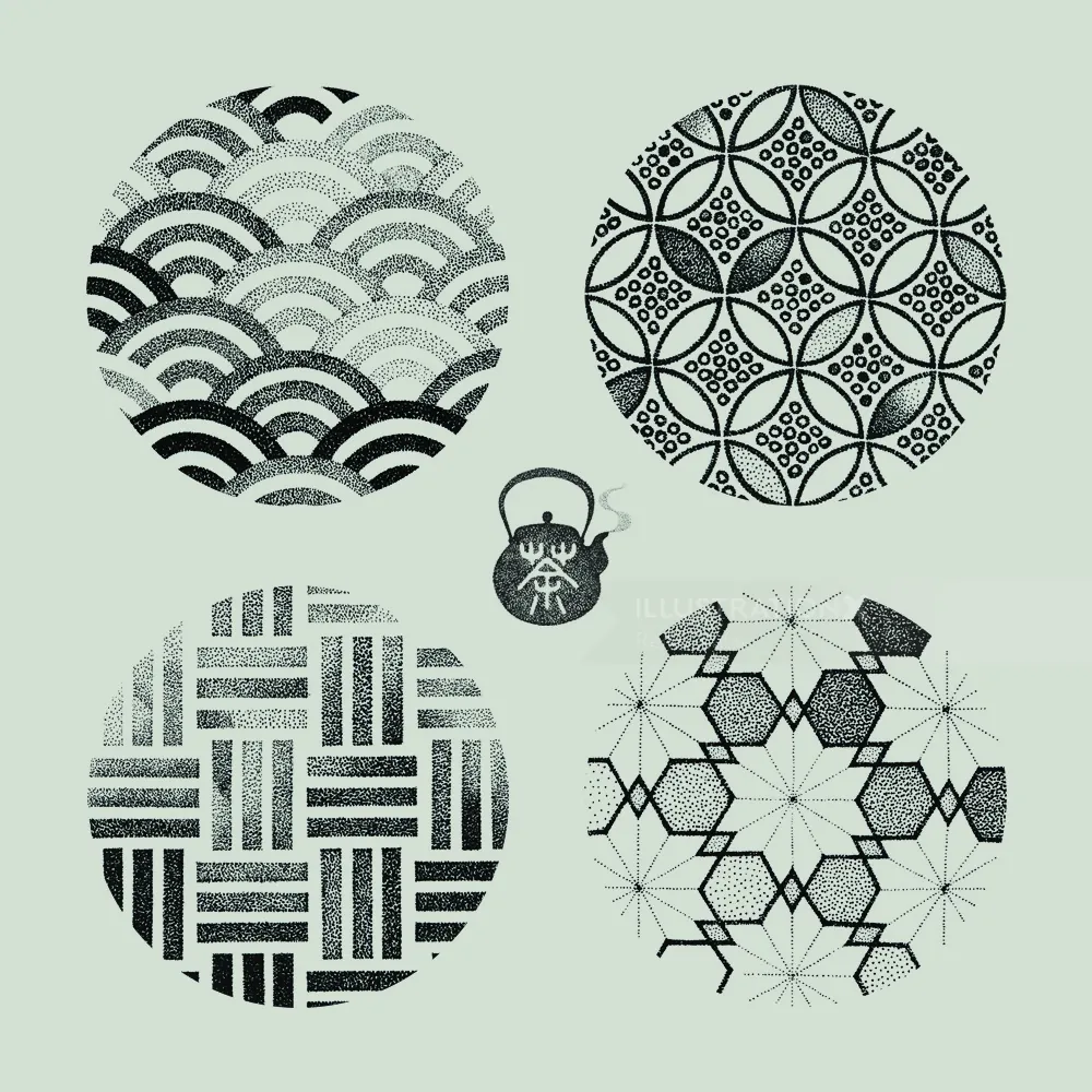 Four black and white geometric pattern circles with a small teapot illustration by Reiko Lauper