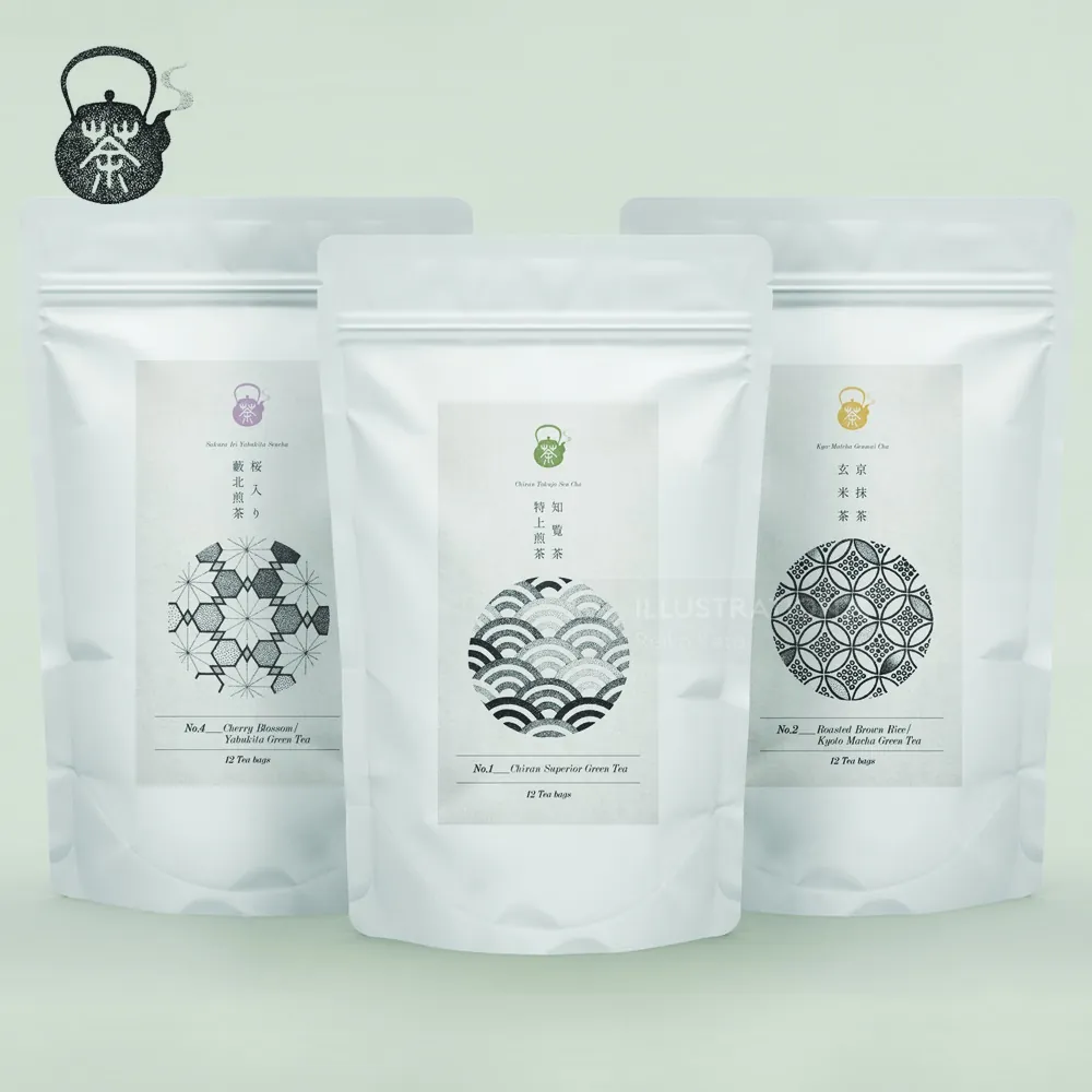 Three white tea pouches with Japanese patterns by Reiko Lauper
