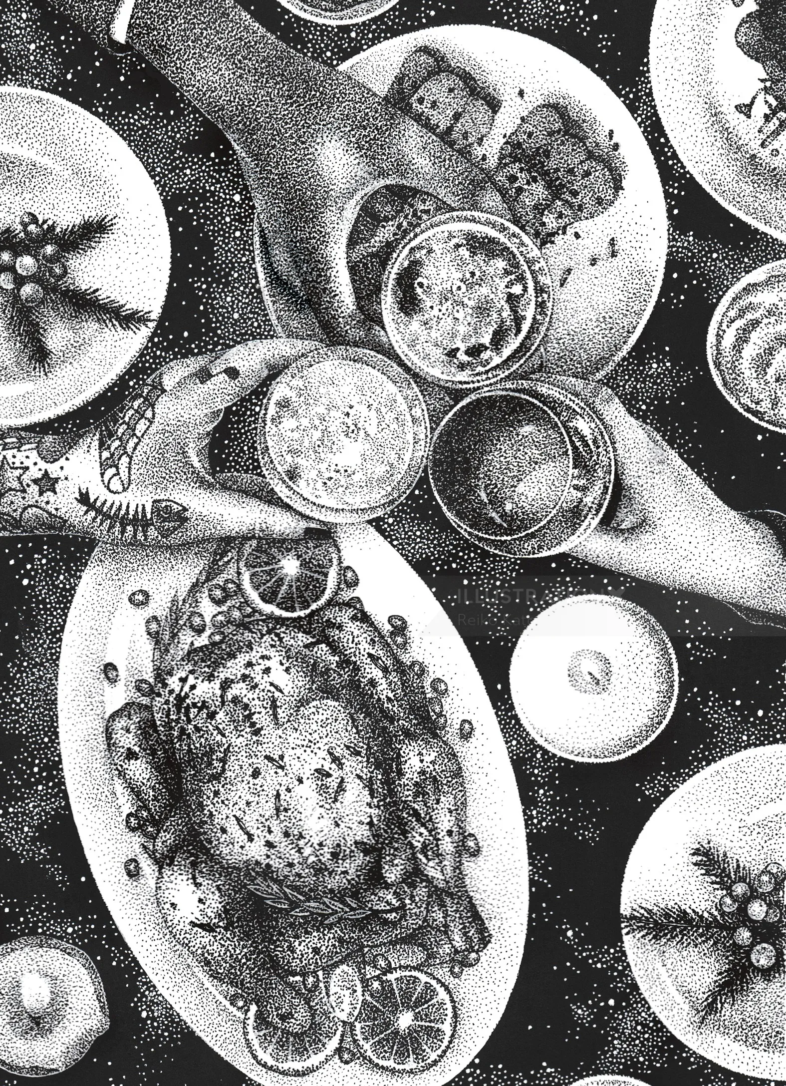 Overhead view of roasted chicken with lemon slices and drinks on table