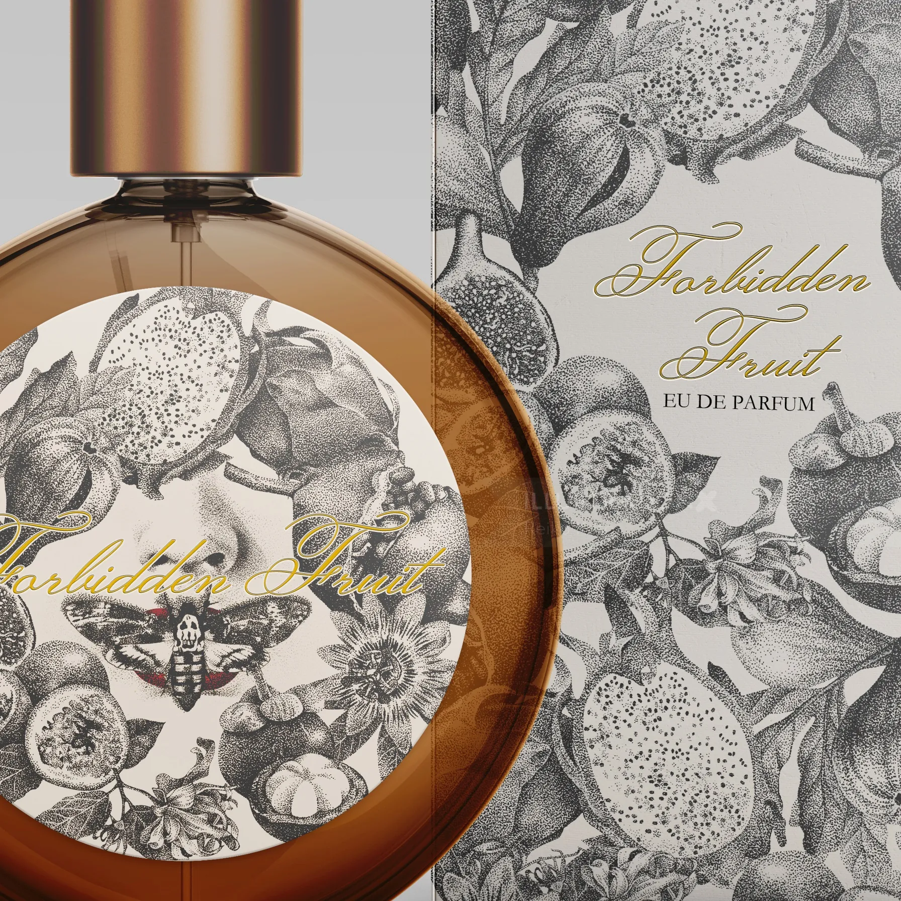 Brown perfume bottle and box with Forbidden Fruit botanical illustration