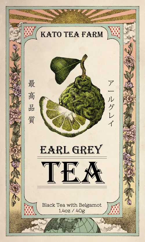 Earl Grey Tee-Etikett im Vintage-Stil mit Bergamotte-Illustration von Reiko Kato.