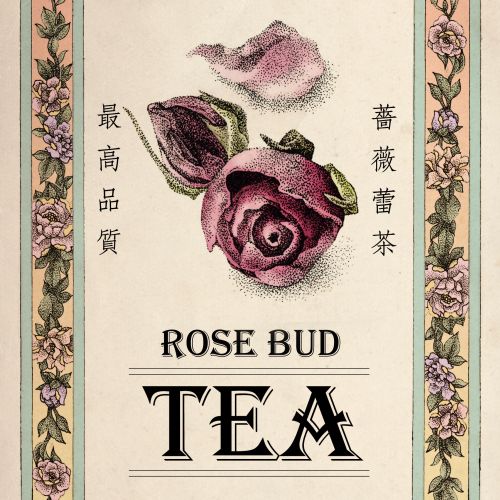 Vintage rose bud tea label with floral border and purple rose illustration