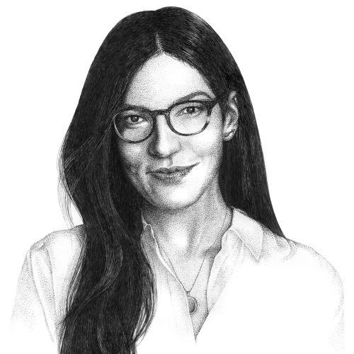Pencil sketch of a smiling woman wearing glasses and a collared shirt
