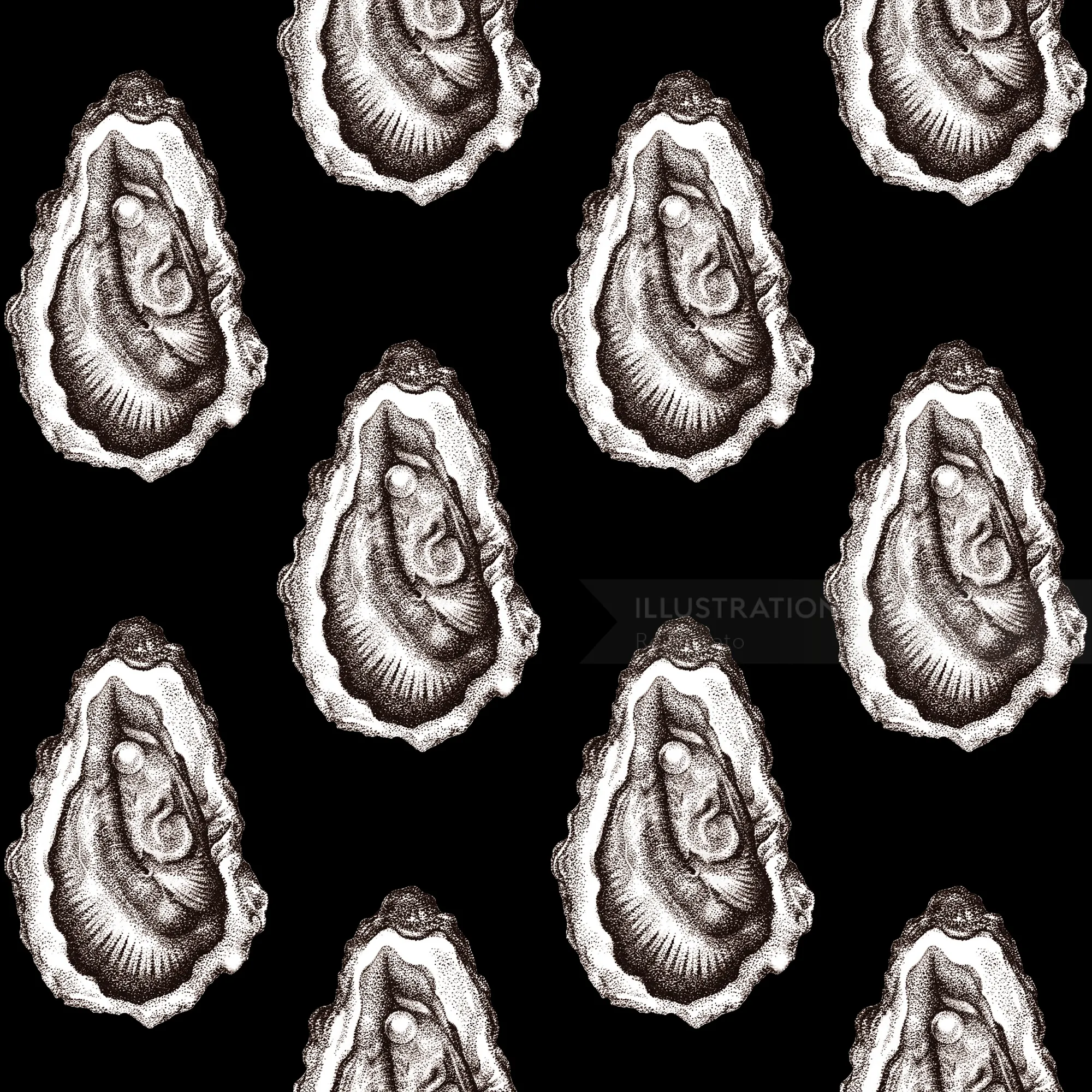 Illustration of oyster shells in black and white pattern