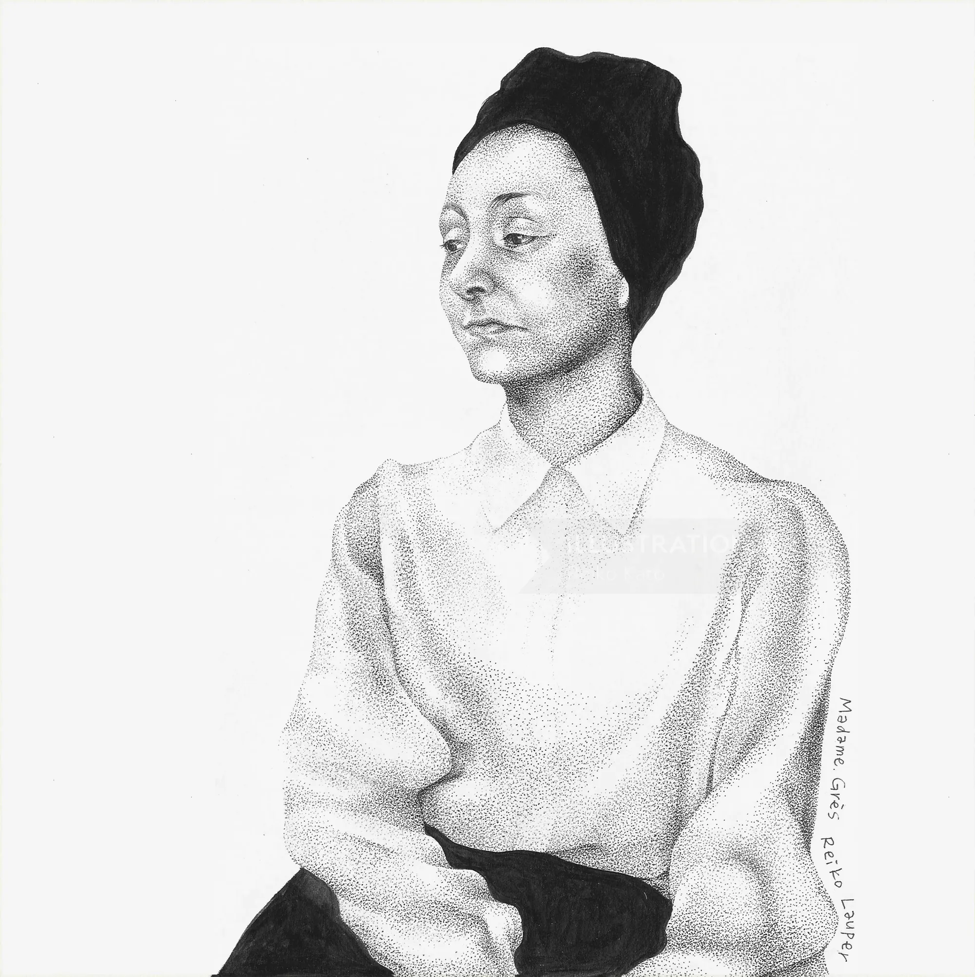 Monochrome drawing of a woman wearing a headwrap and white collared shirt