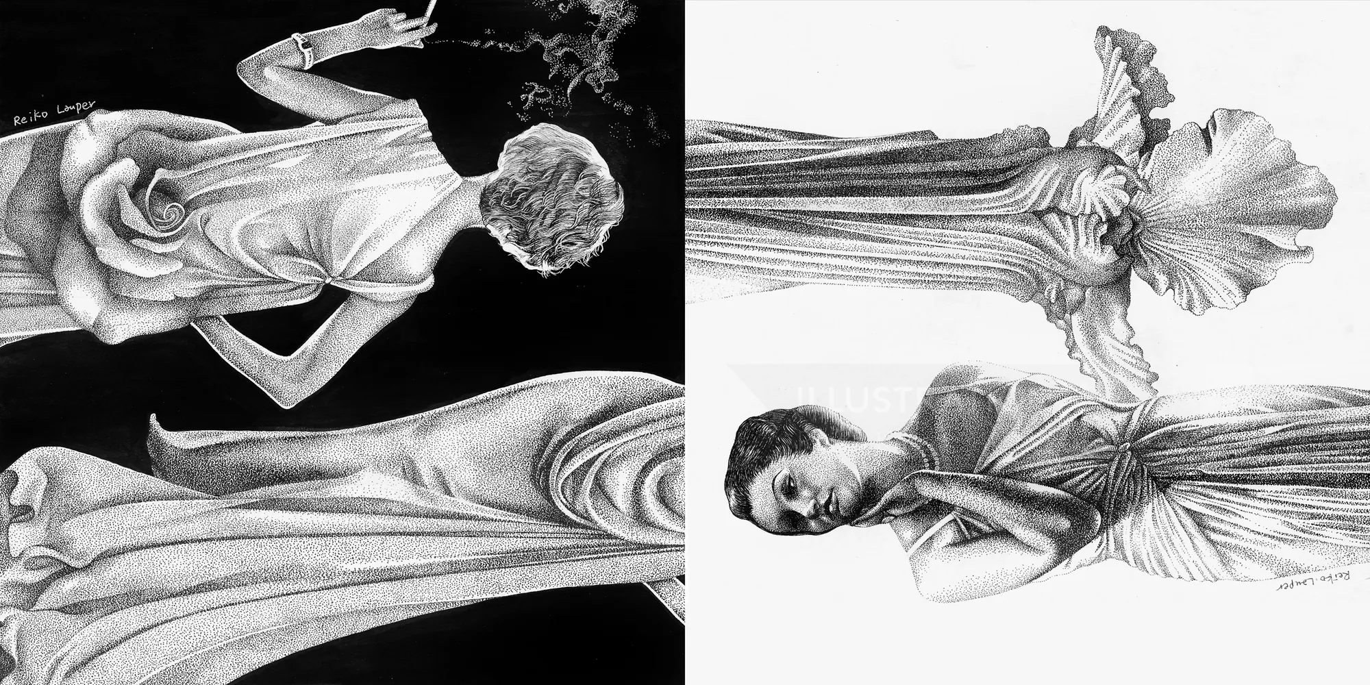Black and white drawing of women in elegant dresses by Reiko Kato